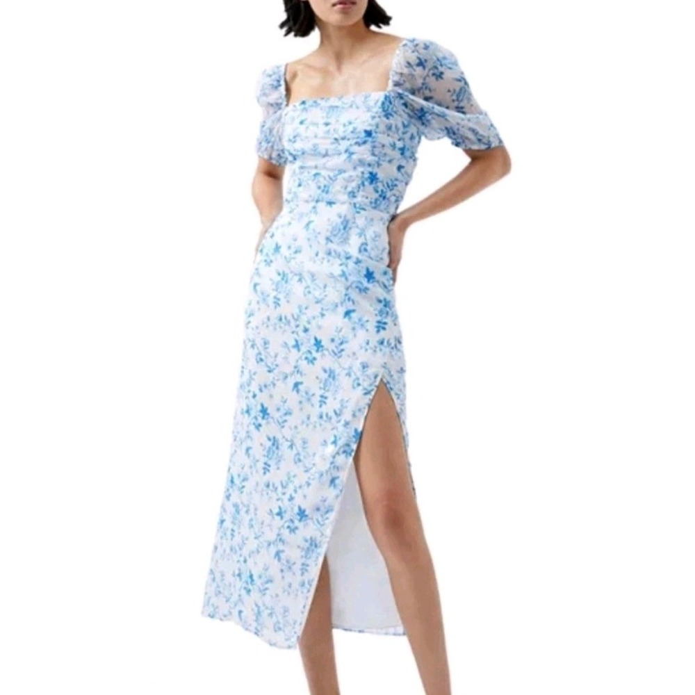 French Connection Catrina Crinkle Ruched Midi Dress S Floral Milkmaid Cottagecor